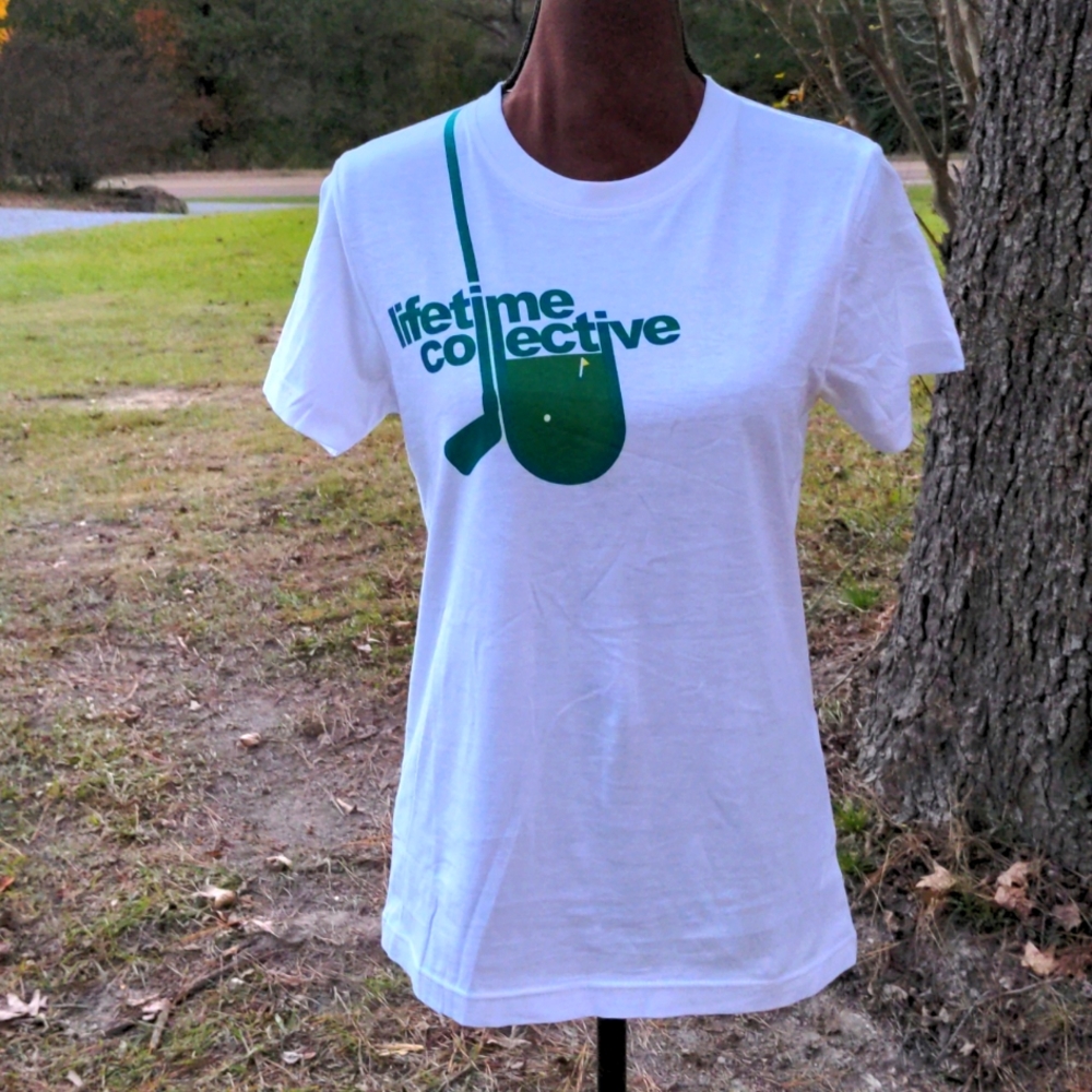 Lifetime Collective White TShirt with Club & Green Graphic "We're on the green"